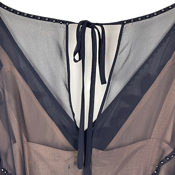 ADRIANNA PAPELL SHEER FLUTTER SLEEVE V NECK BEAD EMBROIDERED COCKTAIL DRESS - Picture 12 of 13